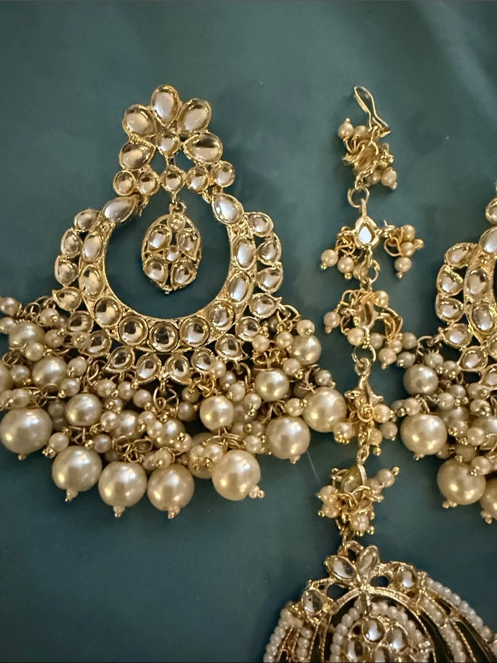 Gold-Tone Pearl Chandbali Earrings and Tikka Set